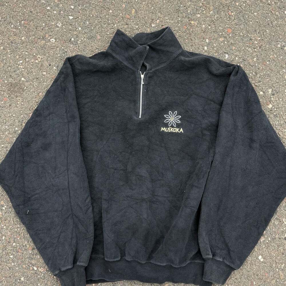 Vintage Muskoka Daisy Logo Black Polar Fleece Quarter Zip Pullover